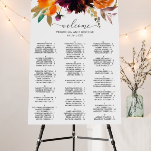 Rustic Floral Alphabetic Wedding Seating Chart Foam Board