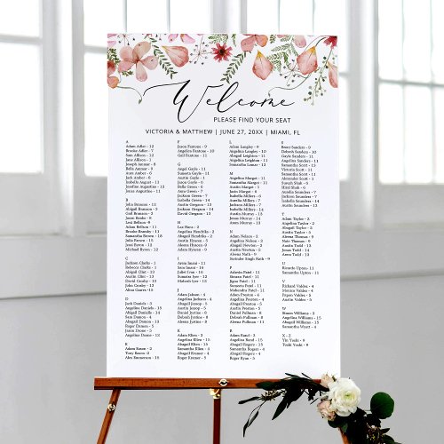 Rustic Floral Alphabetical Wedding Seating Chart  Foam Board