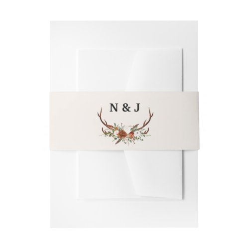 Rustic floral and antlers initials wedding invitat invitation belly band