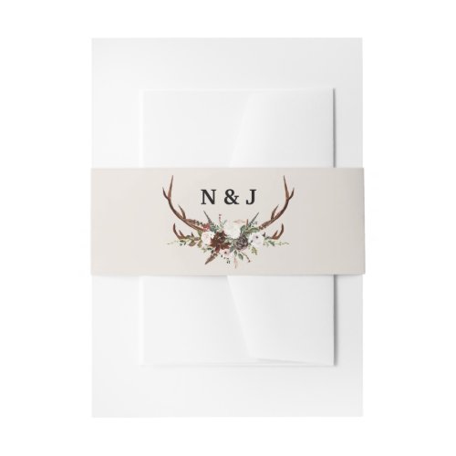 Rustic floral and antlers initials wedding invitation belly band