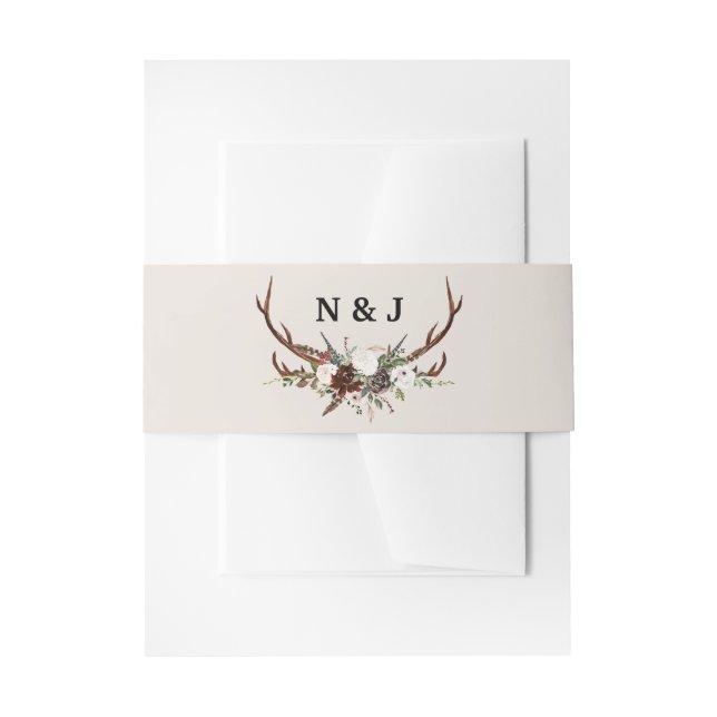 Rustic floral and antlers initials wedding invitation belly band (Front Example)