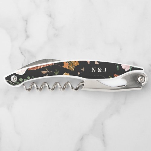 Rustic floral and antlers initials wedding  waiters corkscrew