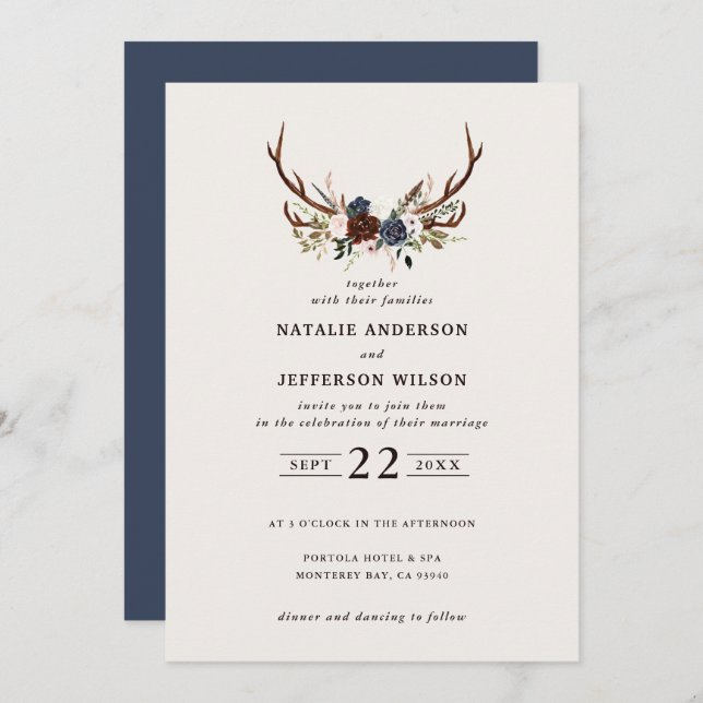 Rustic floral and antlers wedding navy blue (Front/Back)