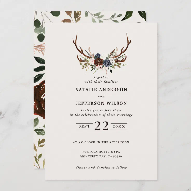 Rustic floral and antlers wedding navy burgundy | Zazzle