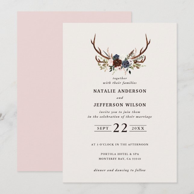 Rustic floral and antlers wedding navy pink save the date (Front/Back)