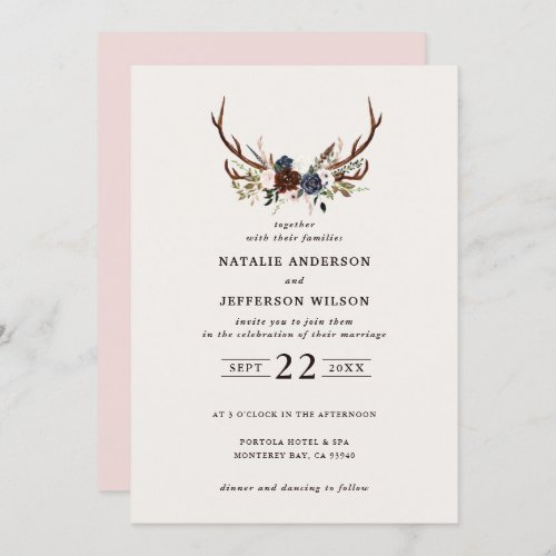 Rustic floral and antlers wedding navy pink save the date