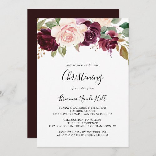 Rustic Floral and Botanical Foliage Christening Invitation