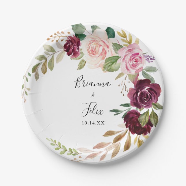 Rustic Floral and Botanical Foliage Wedding Cake Paper Plates (Front)