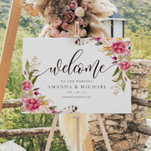 Rustic Floral and feather Welcome Wedding Sign