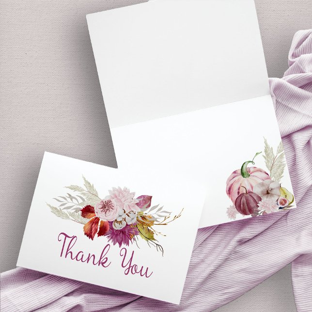 Rustic Floral and Pink Pumpkin Patch Letterpress Thank You Card (Rustic Pumpkin Thank You card)