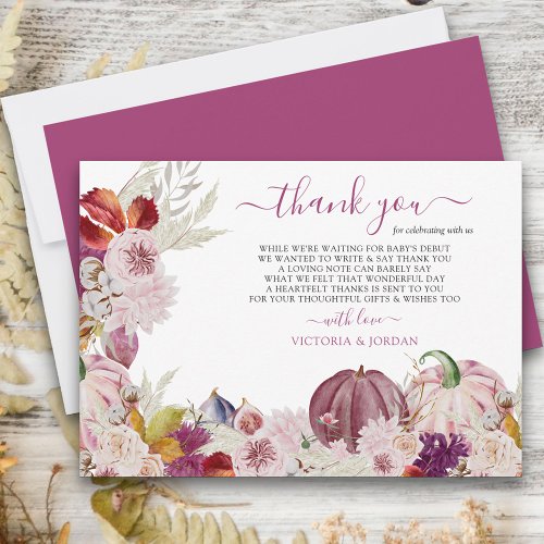 Rustic Floral and Pink Pumpkin Thank You Card