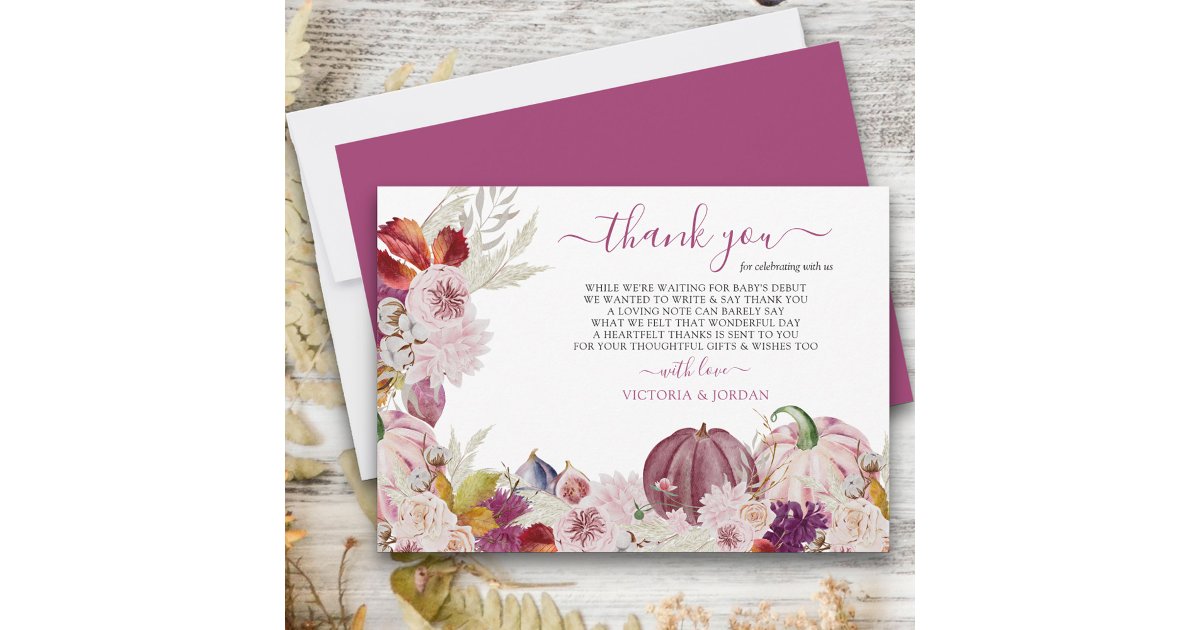 Rustic Floral and Pink Pumpkin Thank You Card | Zazzle