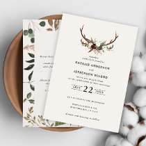 Rustic floral and stag antlers wedding invite