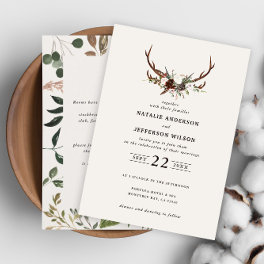 Rustic floral and stag antlers wedding invite