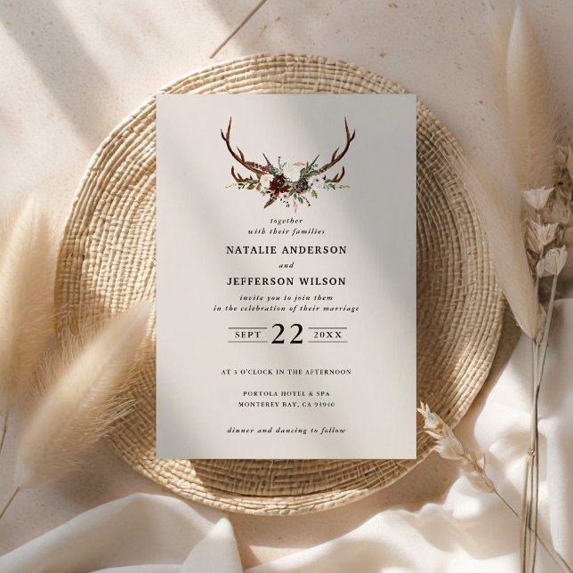Rustic floral and stag antlers wedding invite (Creator Uploaded)