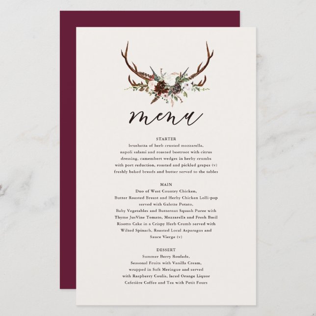 Rustic floral and stag antlers wedding menu (Front/Back)