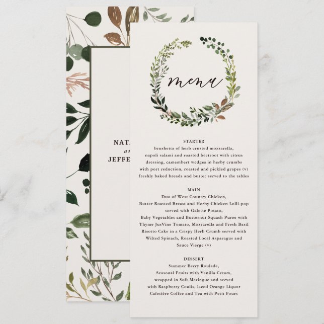 Rustic floral and stag antlers wedding menu (Front/Back)