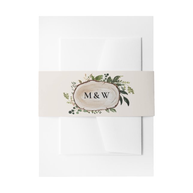 Rustic floral and wood slice initials wedding invitation belly band (Front Example)