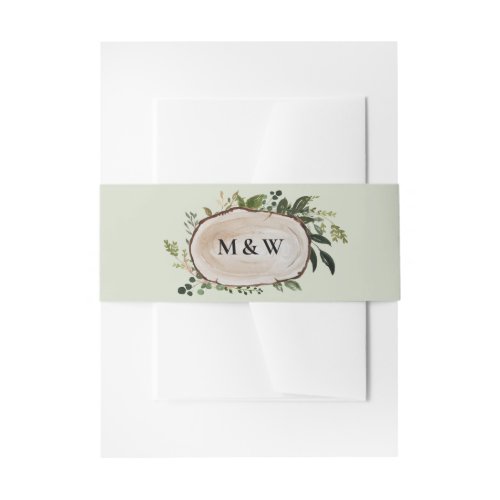 Rustic floral and wood slice initials wedding invitation belly band