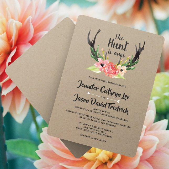 Rustic Floral Antler Hunt is Over Wedding Invitation (Creator Uploaded)