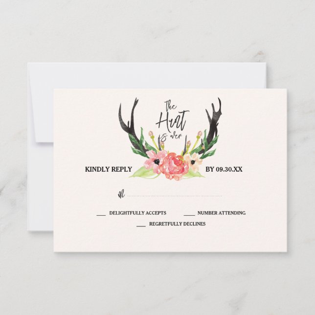 Rustic Floral Antler Hunt is Over Wedding RSVP Card (Front)