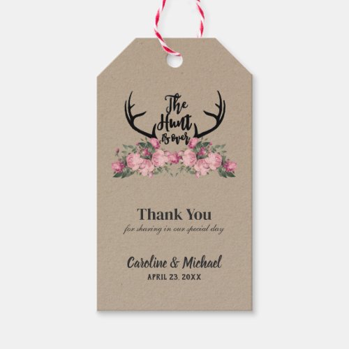 Rustic Floral Antler The Hunt is Over Wedding Gift Tags