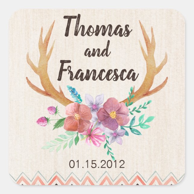 Rustic Floral Antler Wedding Sticker (Front)