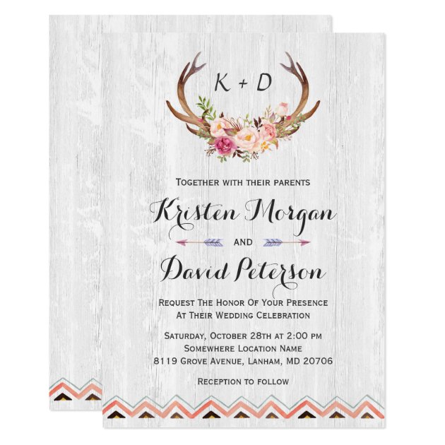 Rustic Floral Antler White Wood Boho Decor Wedding Invitation