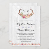 Rustic Floral Antler White Wood Boho Decor Wedding Invitation (Front/Back)