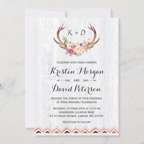 Rustic Floral Antler White Wood Boho Decor Wedding Invitation