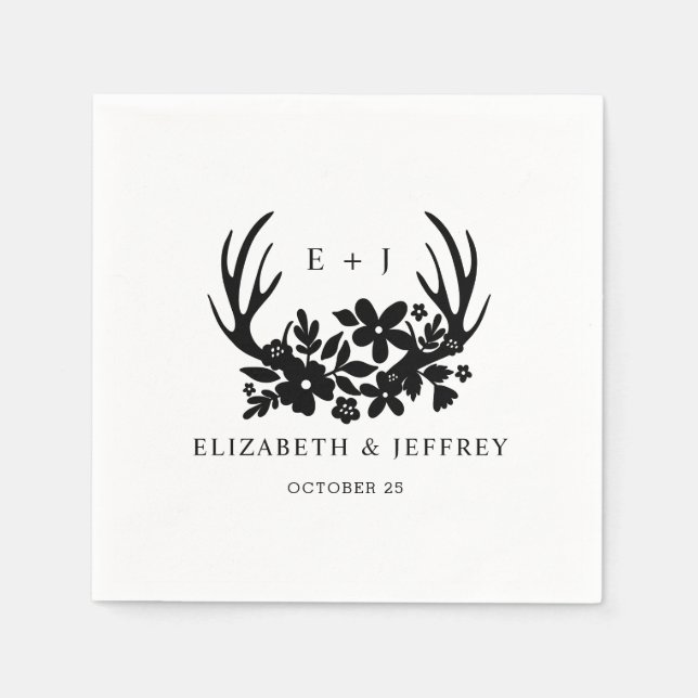 Rustic Floral Antler Woodland Wedding Napkins (Front)
