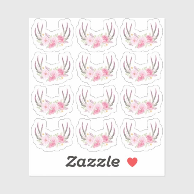 Rustic Floral Antlers Blush Pink Elegant 12-Piece Sticker (Sheet)