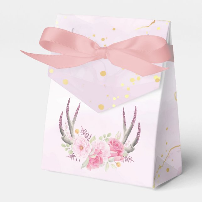 Rustic Floral Antlers Blush Pink & Gold Marble Favor Boxes (Front Side)