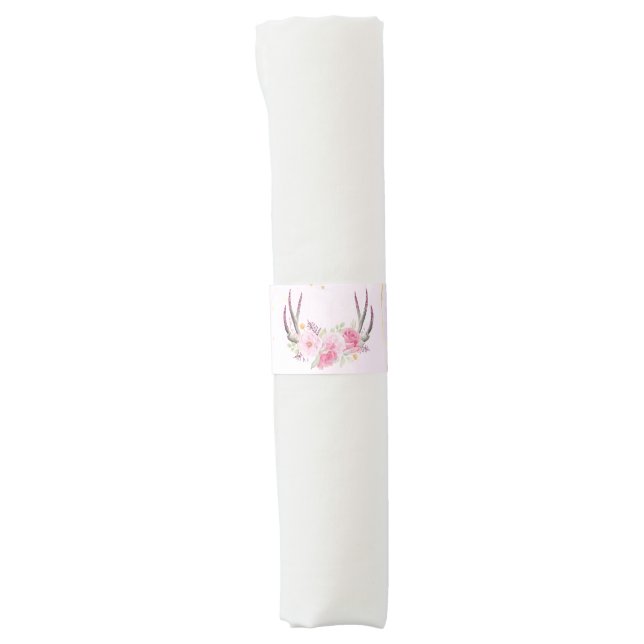 Rustic Floral Antlers Blush Pink & Gold Marble Napkin Bands (Front)