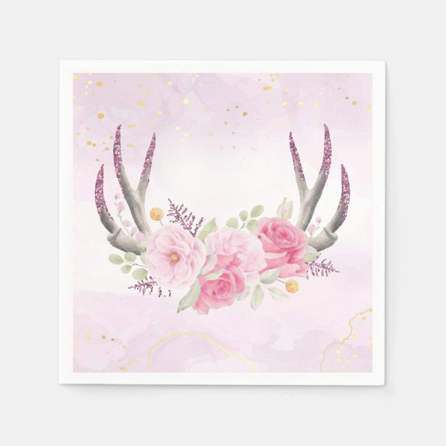Rustic Floral Antlers Blush Pink & Gold Marble Napkins (Front)