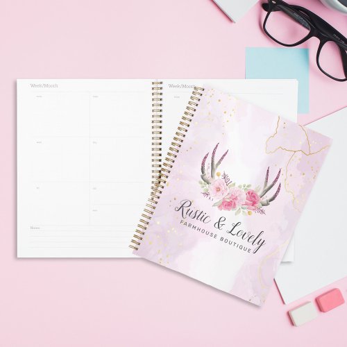Rustic Floral Antlers Blush Pink  Gold Marble Planner