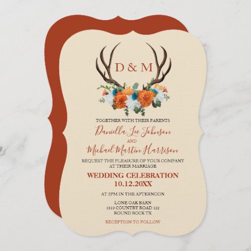Rustic Floral Antlers BOHO Wedding Invitation