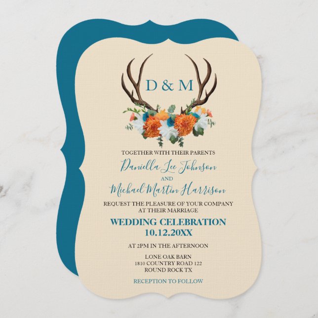 Rustic Floral Antlers BOHO Wedding Invitation (Front/Back)