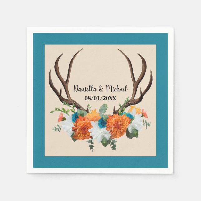 Rustic Floral Antlers BOHO Wedding Napkins (Front)