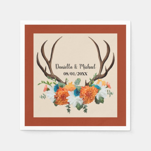 Rustic Floral Antlers BOHO Wedding Napkins (Front)