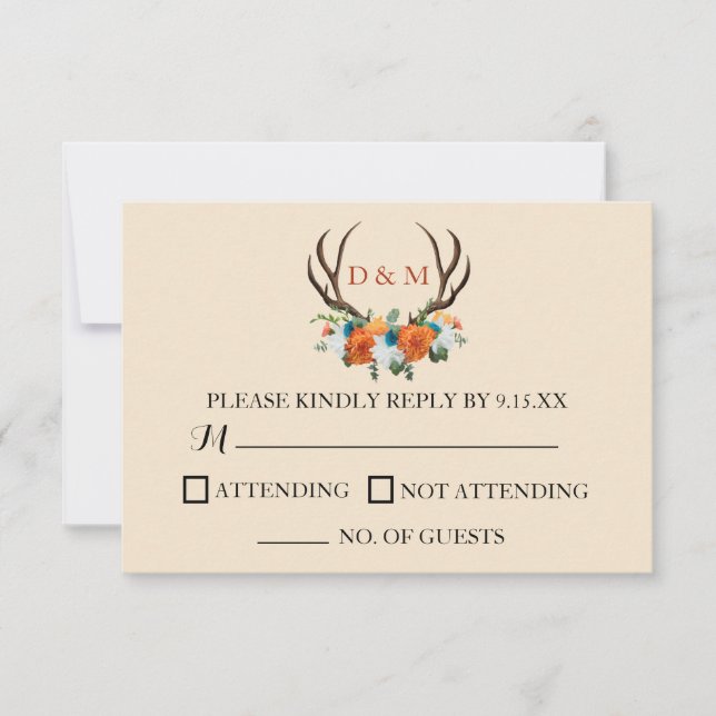 Rustic Floral Antlers BOHO Wedding RSVP Card (Front)