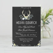 Rustic Floral Antlers dark wedding invitation (Standing Front)