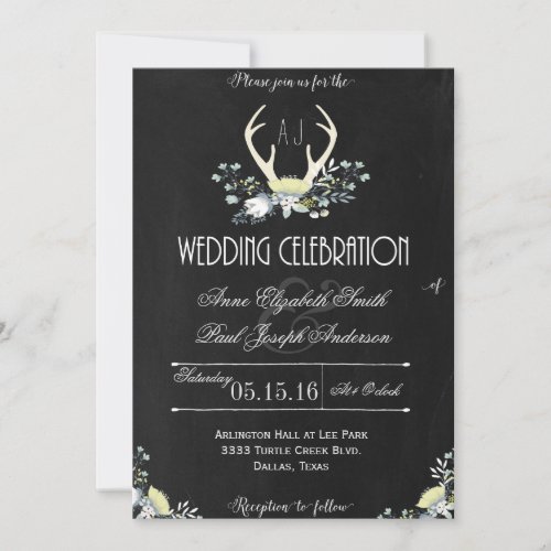 Rustic Floral Antlers dark wedding invitation