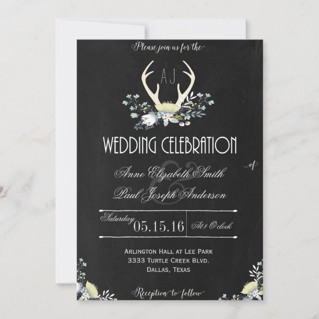 Rustic Floral Antlers dark wedding invitation (Front)