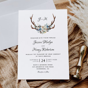 Rustic Floral Antlers Elegant Wedding Invitation