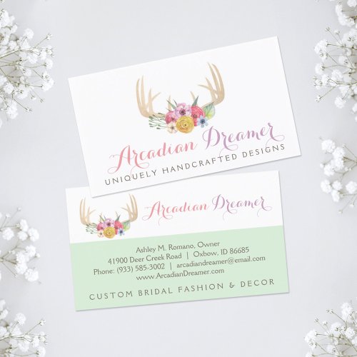 Rustic Floral Antlers Painted in Watercolor Style Business Card