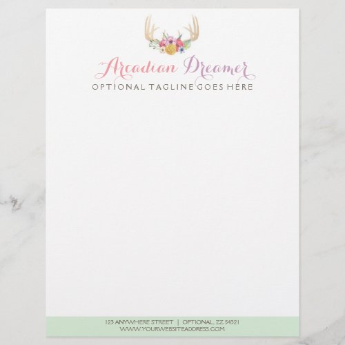 Rustic Floral Antlers Painted in Watercolor Style Letterhead