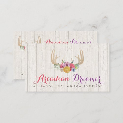 Rustic Floral Antlers Painted Watercolor on Wood Business Card