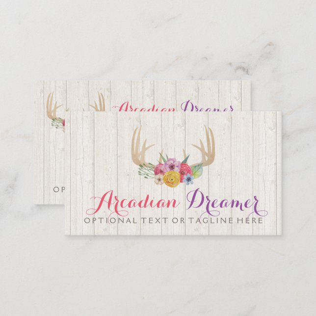 Rustic Floral Antlers Painted Watercolor on Wood Business Card (Front/Back)