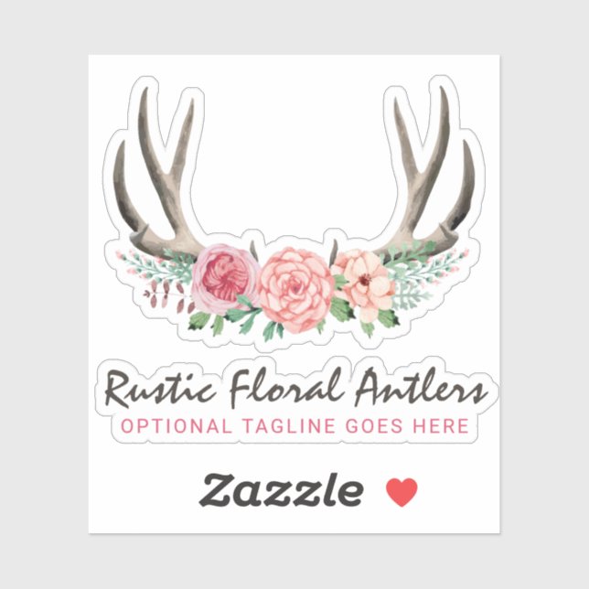 Rustic Floral Antlers Shabby Chic Roses Name Logo Sticker (Sheet)